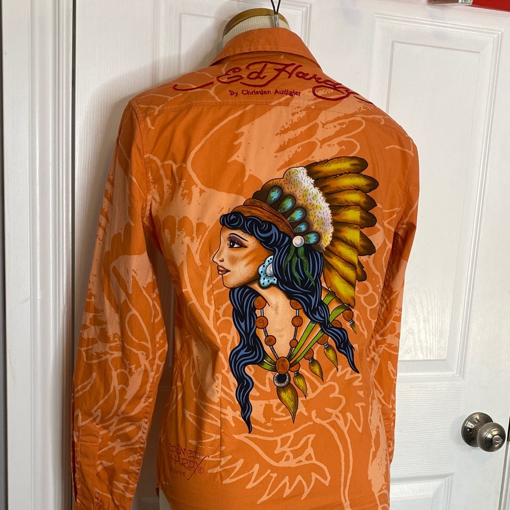 Ed Hardy Orange Tattoo Graphic Button Down Y2K Western Shirt L - Picture 14 of 16